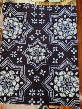Hand Dyed Indigo Cotton Batik Fabric With Embroidered Accents 55" x 58"